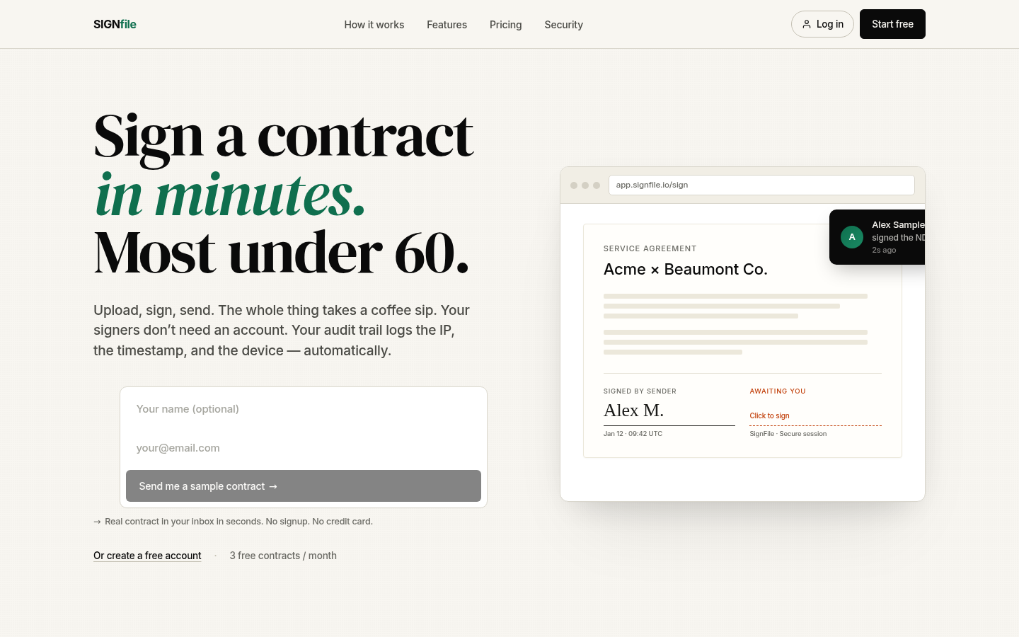 SignFile landing page showing the signing interface